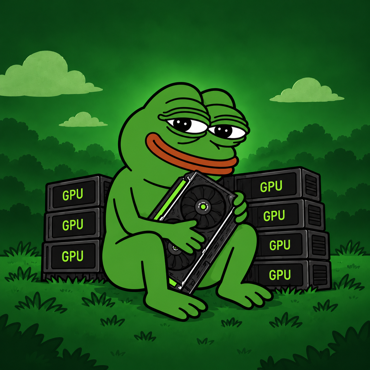 Pepe hugging a GPU